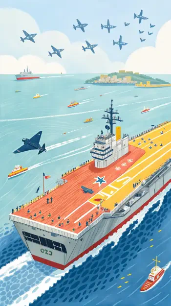 Illustration of an aircraft carrier with planes flying overhead and boats in the surrounding sea, designed as a vibrant phone wallpaper for iPhones and Android devices.