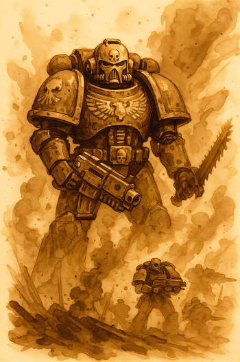 Sepia-toned Warhammer 40k space marines in battle armor, one holding a gun and the other a chainsword, depicted in dynamic smoke-filled action, designed as a phone wallpaper for iPhones and Android.