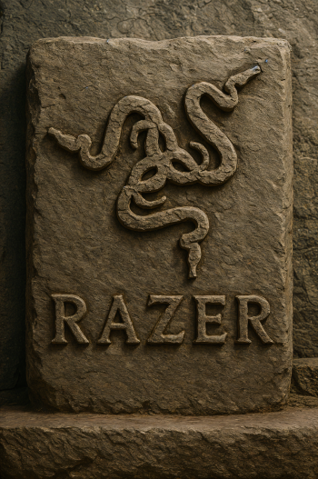 Phone wallpaper featuring a rugged stone carving of the Razer logo with intertwined snakes and the brand name, designed for both iPhone and Android displays.