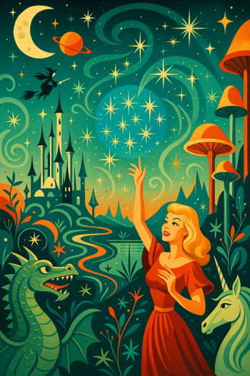 A vibrant magical realm phone wallpaper for iPhone and Android, depicting a woman in red reaching toward shining stars, surrounded by a dragon, unicorn, castle, moons, and swirling night sky.