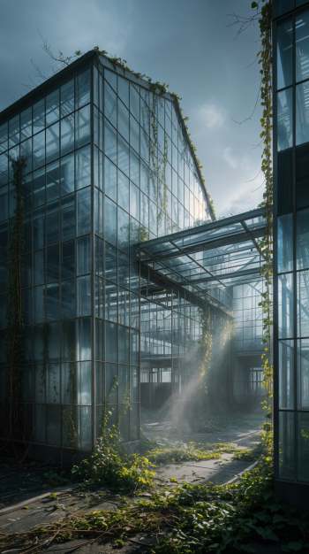 Phone wallpaper showing an abandoned factory with glass walls, overgrown plants, and sunlight streaming through, blending nature with urban decay on iPhones and Android phones.