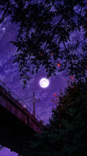 Purple anime-style night sky with a bright moon, silhouetted tree branches, and a bridge below, designed as a lofi phone wallpaper for iPhone and Android devices.