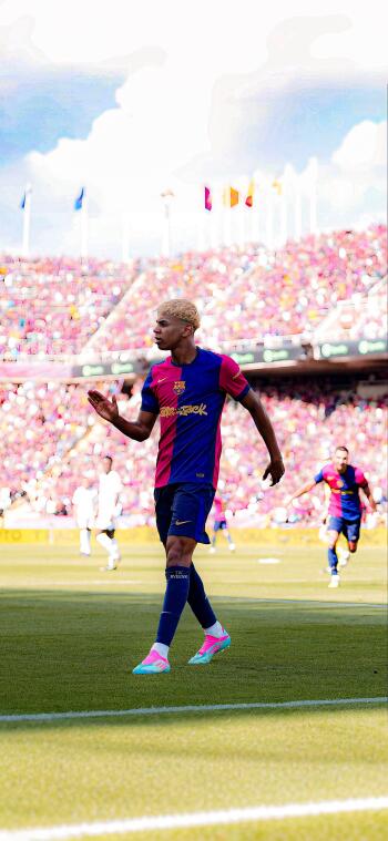 Phone wallpaper of FC Barcelona soccer player Lamine Yamal in action on the field with a crowded stadium background, designed for iPhone and Android screens.
