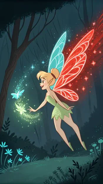 Animated Tinker Bell with glowing red and blue wings flying in a dark forest, surrounded by sparkling pixie dust and small glowing fairies, phone wallpaper for iPhone and Android.