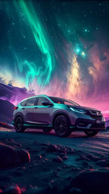 Phone wallpaper for iPhone and Android featuring a Honda SUV parked on rocky terrain under a vibrant night sky with green auroras and colorful cosmic clouds.