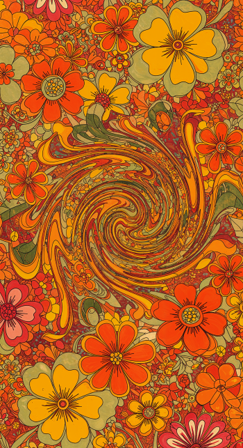 Vintage floral pattern in warm orange, yellow, and green tones with a swirling center design, crafted as a vibrant phone wallpaper for iPhones and Android devices.