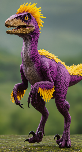 Colorful purple and yellow velociraptor with detailed skin and feathers, designed as a dynamic phone wallpaper for iPhones and Android devices.