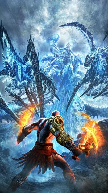 Phone wallpaper featuring Kratos from God of War wielding fiery weapons, facing icy dragon-like creatures in a dramatic, high-action video game scene for iPhone and Android.