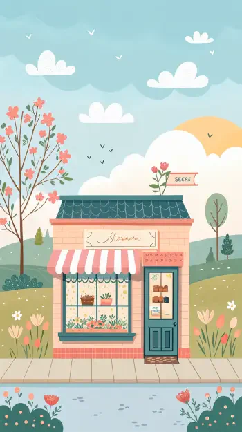 Phone wallpaper of a charming flower shop with pastel colors, a striped awning, blooming trees, and a bright sky, designed for both iPhones and Android phones.