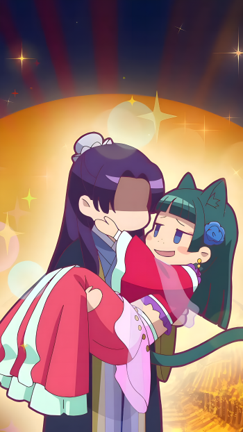 Anime-style phone wallpaper featuring Maomao and Jinshi from The Apothecary Diaries, with Maomao wearing cat ears and being carried by Jinshi against a glowing backdrop.