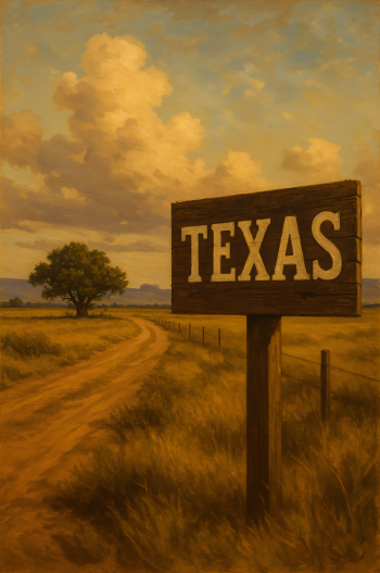 Phone wallpaper showing a rustic Texas sign by a dirt road winding through a golden field under a cloudy sky, designed for both iPhone and Android screens.
