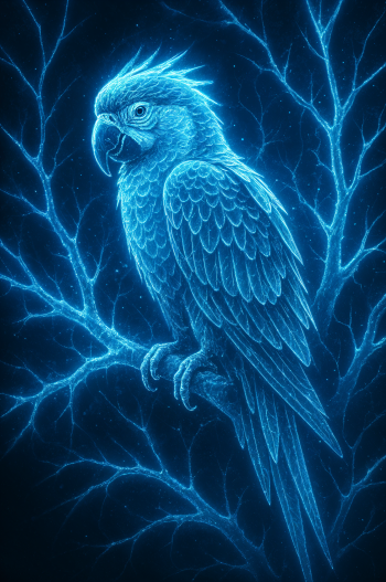 Glowing blue macaw perched on illuminated branches, designed as a vibrant phone wallpaper for iPhones and Android devices.