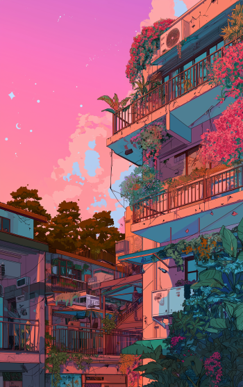 Aesthetic anime-style phone wallpaper featuring a vibrant balcony adorned with lush plants and flowers, set against a dreamy pink sky with nature elements, compatible with iPhones and Androids.
