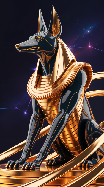 Phone wallpaper of a sleek, black and gold Anubis statue with glowing accents against a dark starry background, designed for iPhone and Android displays.