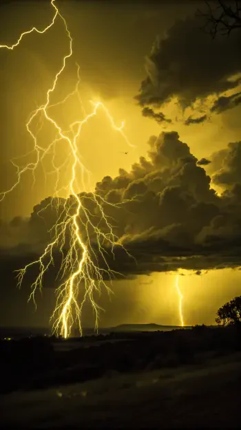 Phone wallpaper showing a vivid lightning storm with multiple bright bolts striking through dark, dramatic clouds, suitable for display on iPhones and Android phones.