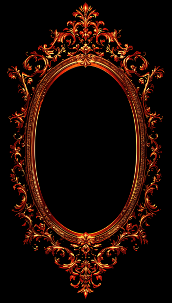 Ornate vintage-style mirror frame with intricate gold and red floral details, displayed as a vertical phone wallpaper for iPhone and Android devices on a black background.