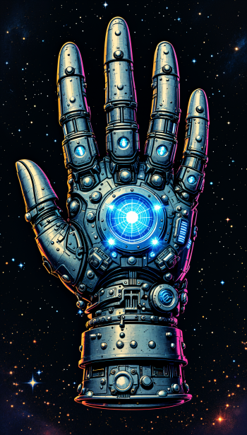 Futuristic robotic glove with glowing blue core, set against a starry space background, designed as a phone wallpaper for iPhones and Android devices.