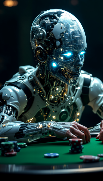 Futuristic robot with glowing blue eyes playing poker at a table, designed as a sleek phone wallpaper for iPhones and Android devices.
