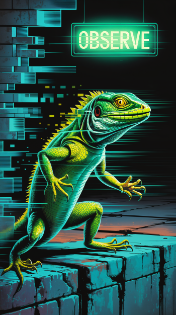 Phone wallpaper for iPhones and Android featuring a vibrant green lizard with digital glitch effects and a glowing sign above reading OBSERVE in a dark, futuristic setting.