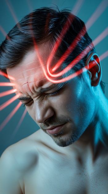 Phone wallpaper for iPhones and Androids showing a man with eyes closed, grimacing in pain, with red glowing lines radiating from his forehead indicating a headache.