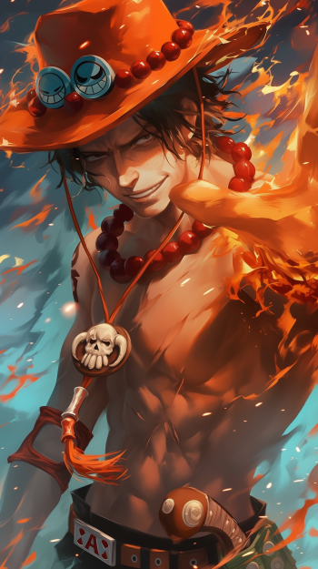 Anime-style phone wallpaper of One Piece's Portgas D. Ace with flames surrounding him, wearing his signature orange hat and beaded necklace, designed for iPhone and Android screens.