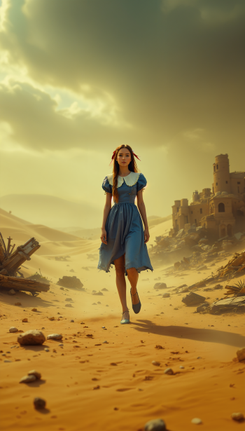 Phone wallpaper of Alice in Wonderland walking through a sunlit, sandy desert toward a distant castle, designed for iPhones and Android phones.