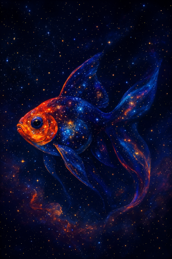A vibrant goldfish with cosmic patterns swims through a star-filled galaxy, designed as a striking phone wallpaper for iPhones and Android devices.