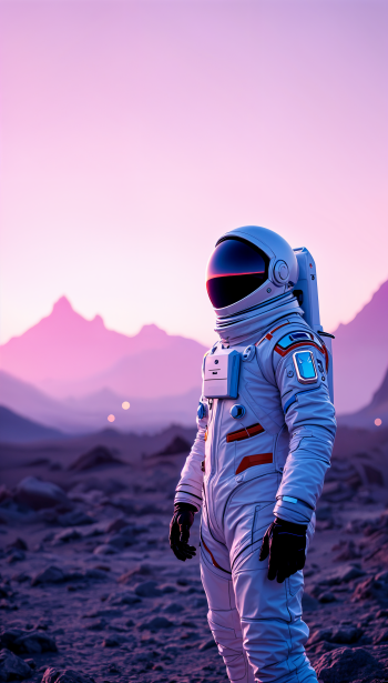 Phone wallpaper featuring an astronaut standing on rocky terrain with a purple-pink mountain backdrop, designed for both iPhones and Android devices.