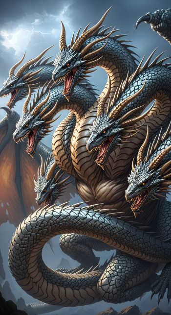 Phone wallpaper depicting a fierce multi-headed dragon with detailed scales and horns, under a stormy sky, designed to display vividly on iPhones and Android devices.