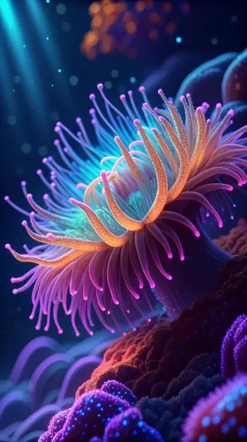 Vibrant close-up of a glowing anemone underwater, captured in vivid colors and light, designed as a captivating wallpaper for iPhone and Android phones.