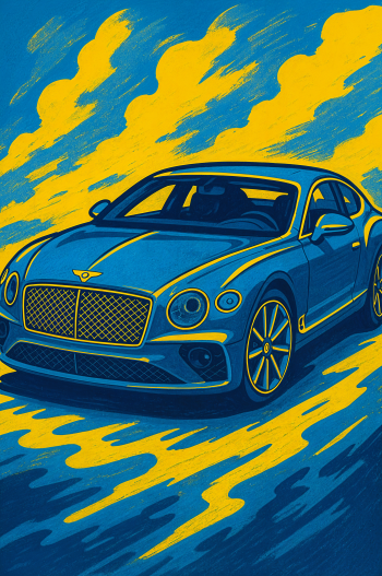Illustration of a blue Bentley car with yellow accents, set against a dynamic blue and yellow background, designed as a vibrant phone wallpaper for iPhones and Android devices.