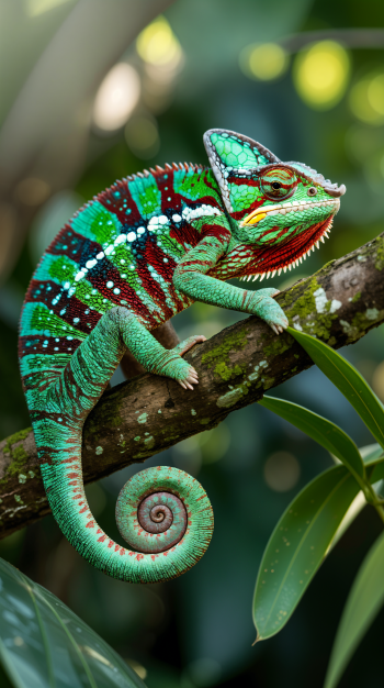 Vibrant green and red chameleon with intricate patterns perched on a branch, shown in sharp detail with a blurred natural background, designed as a phone wallpaper for iPhones and Android.