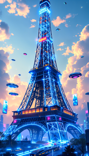 Futuristic Eiffel Tower glowing with blue neon lights against a vibrant evening sky, surrounded by flying cars and digital billboards, designed as a phone wallpaper for iPhone and Android.