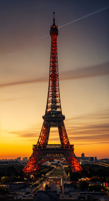 Eiffel Tower illuminated in red against a vibrant sunset sky, designed as a vertical phone wallpaper for both iPhone and Android screens.