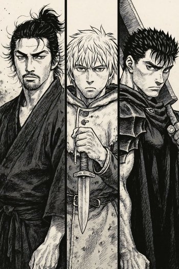 Phone wallpaper featuring a manga crossover of Thorfinn from Vinland Saga, Guts from Berserk, and Miyamoto Musashi from Vagabond in detailed black-and-white art.