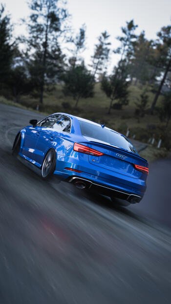 Blue Audi RS7 speeding on a forest road in Forza Horizon 5, captured in a dynamic phone wallpaper for iPhone and Android.
