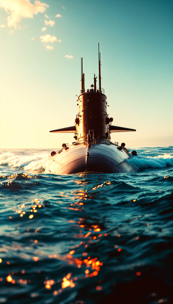 Front view of a submarine surfacing in bright ocean waters at sunset, captured as a vibrant phone wallpaper for iPhone and Android screens.