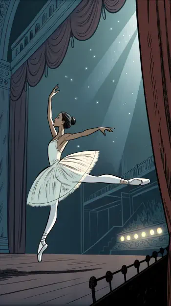 Phone wallpaper showing a graceful ballerina in a white tutu performing an arabesque on a theater stage under soft spotlight beams, designed for iPhones and Android phones.
