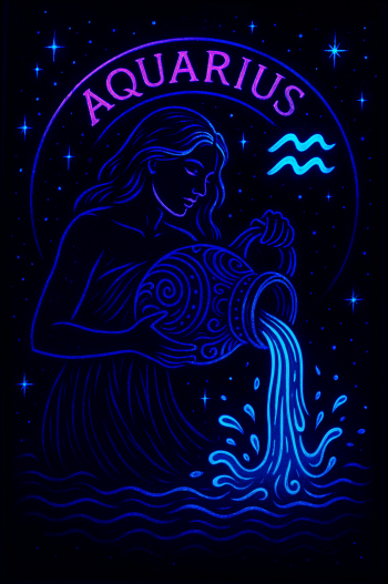 Phone wallpaper featuring a glowing Aquarius astrology design with a woman pouring water, surrounded by stars and the Aquarius symbol, compatible with iPhones and Android phones.