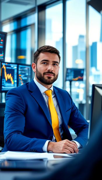 Phone wallpaper showing a confident male stock trader in a blue suit and yellow tie, seated at a desk with multiple monitors displaying financial charts, designed for iPhone and Android.