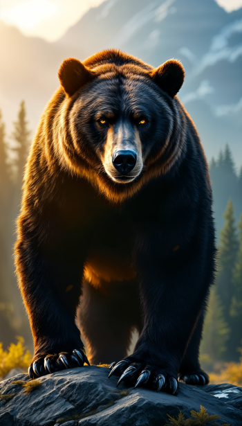 Close-up of a grizzly bear standing on a rock in a forested mountain landscape, captured in vibrant detail as a phone wallpaper for iPhones and Android devices.