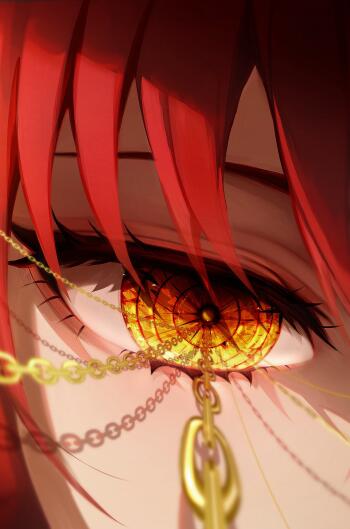 Close-up of Makima's glowing orange anime eye with chains, from Chainsaw Man, designed as a vibrant phone wallpaper for iPhone and Android screens.