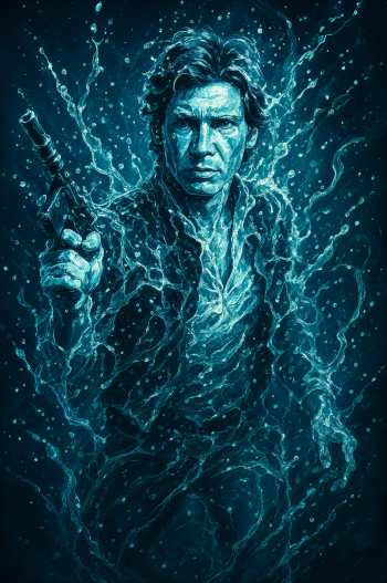 Phone wallpaper of Han Solo emerging from swirling blue water, holding a blaster, designed to fit iPhone and Android screens.