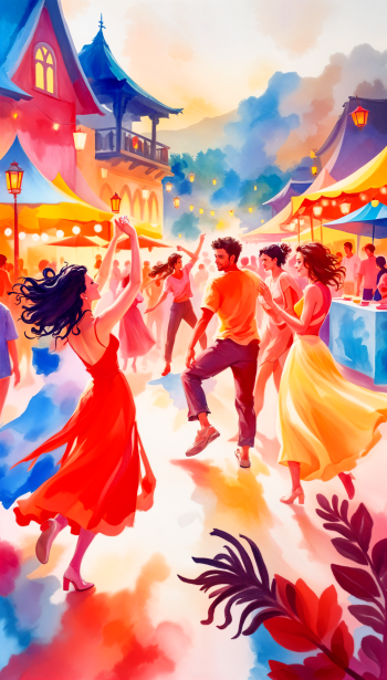 Vibrant phone wallpaper showing people joyfully dancing outdoors in colorful dresses under festive lights, blending lively movement with a warm, scenic village backdrop.