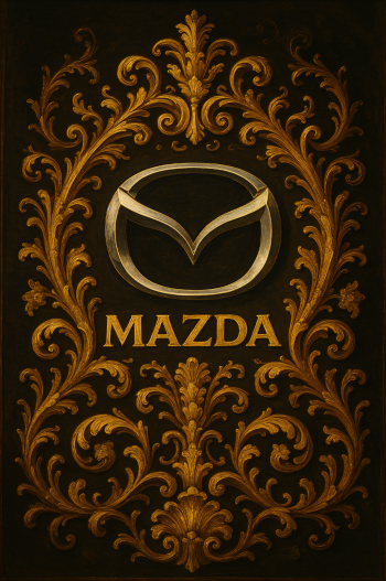 Phone wallpaper featuring the Mazda logo and name in gold with ornate, decorative floral patterns on a dark background, designed for both iPhone and Android displays.