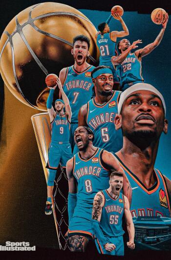 Collage of Oklahoma City Thunder players Shai Gilgeous-Alexander, Jalen Williams, and teammates with an NBA Finals trophy background, perfect as a phone wallpaper.