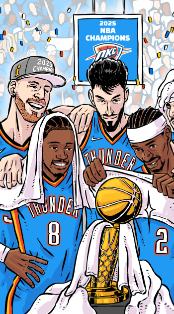 Illustration of Oklahoma City Thunder players, including Shai Gilgeous-Alexander and Jalen Williams, celebrating 2025 NBA Finals championship with trophy and banner on phone wallpaper.