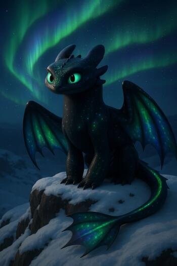Phone wallpaper featuring Toothless from How to Train Your Dragon, sitting on a snowy cliff under vibrant northern lights, designed for iPhone and Android screens.