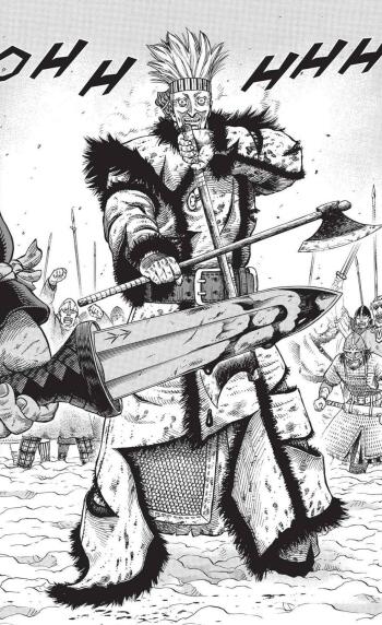Black and white manga-style phone wallpaper featuring Thorkell from Vinland Saga wielding an axe in a dynamic battle scene, designed for iPhone and Android displays.