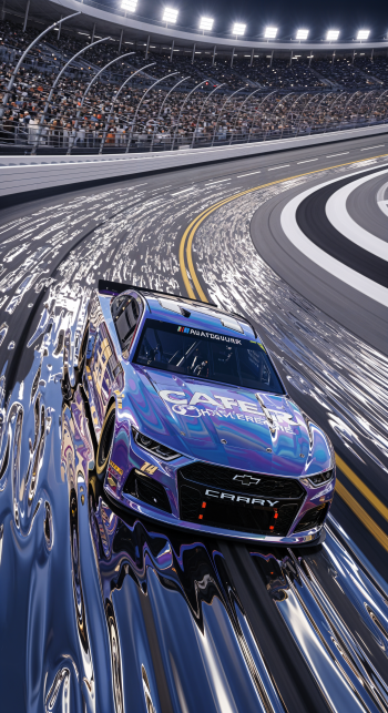 NASCAR race car speeding on a shiny reflective racetrack under bright stadium lights, designed as a dynamic phone wallpaper for iPhone and Android.